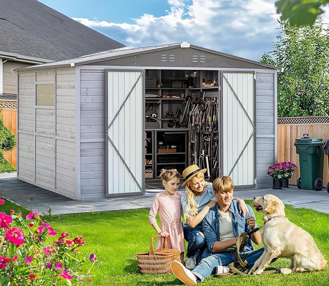 8x6 FT Outdoor Storage Shed, Wood Steel Utility Tool Shed Storage House with Door & Lock, Wooden Sheds Outdoor Storage for Garden Patio Lawn Poolside (Gray)
