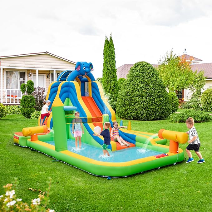 BOUNTECH Inflatable Water Slide, Elephant Surfing Slide Kids Water Park Jump Bouncy Castle w/2 Splash Pools, Hide & Seek Cave, GFCI Blower, Water Slides Inflatables for Big Kids Outdoor Backyard Gifts