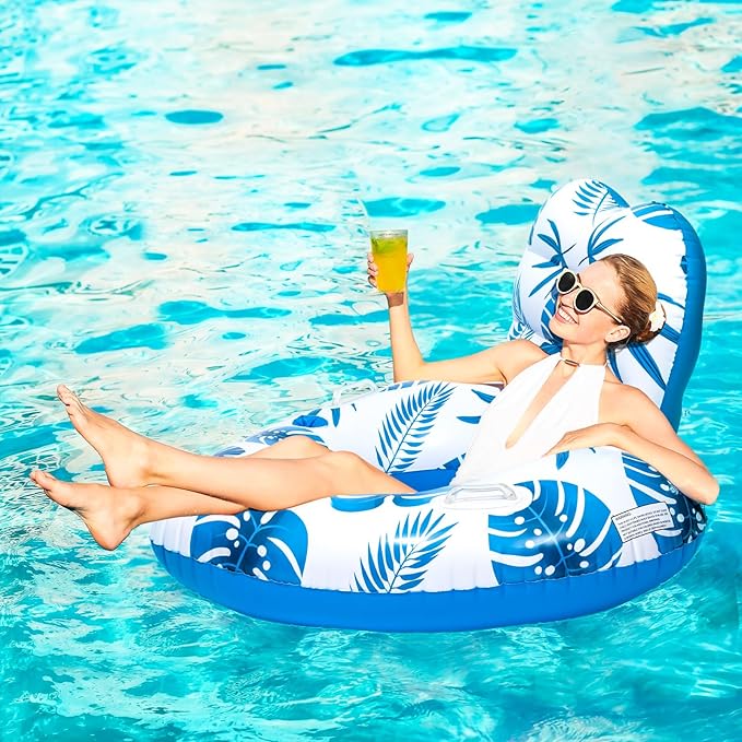 [2025 New Model] Inflatable Unibody Pool Lounger Float with Cup Holders and Handle, Ideal Pool Toys for Beach,Lakes, Rivers,Water Party Beach Vacation Essentials