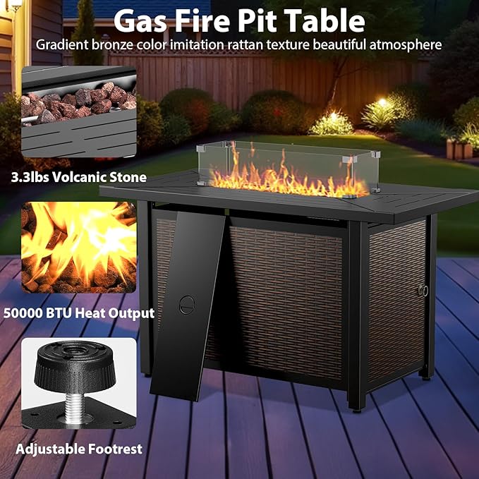 7 Piece Patio Furniture Set with Fire Pit Table - Wicker Patio Conversation Set with Swivel Glider, 3 Seat Sofa, Side Table and 2 Ottomans for Deck Backyard - Brown Wicker Beige Cushion