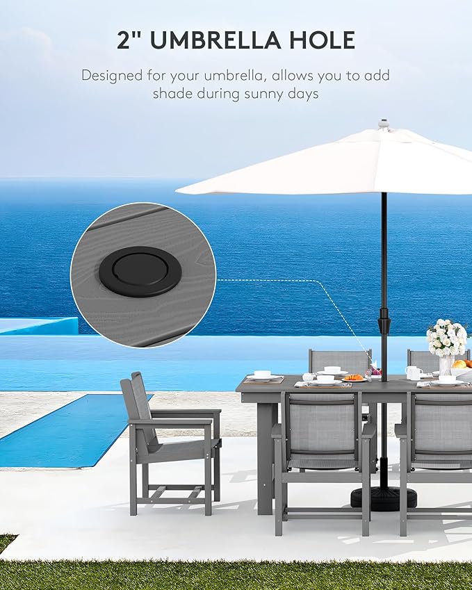 SERWALL 5 Piece Outdoor Dining Table Sets for 4 with 1 Umbrella Hole Cut-Out Rectangular Table and 4 Textilene Chairs, HDPE Dining Table Sets for Garden, Backyard, Poolside, Gray