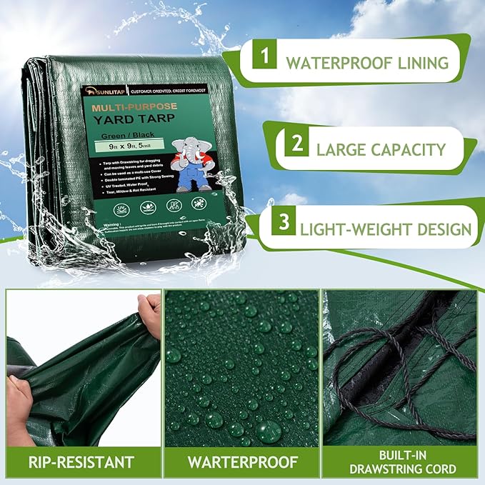 2 Pcs Leaf Tarp 9x9 Feet, Lawn Garden Leaf Tarp with 4 Drawstrings, Reusable Waterproof Poly Tarp Yard Waste Bags, All Purpose Protective Cover for Bikes, Furniture Cover, Tent Footprint