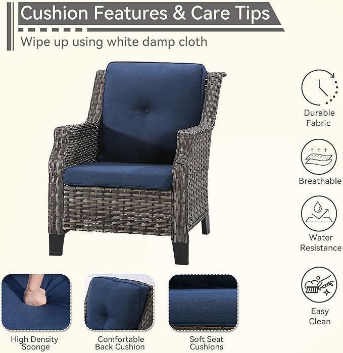 5 Piece Patio Furniture Wicker Conversation Set, 2 Chairs, 2 Ottomans with 1 Side Table, for Outdoors, Backyard, Deck, Navy
