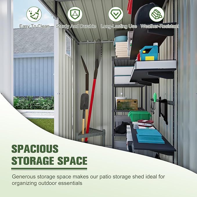 6x4 FT Shed Outdoor Storage Metal Large Garden Tool Sheds with Lockable Doors Gable Roof Window Waterproof Utility Equipment Sheds for Backyard Patio Lawn, Grey (No Floor Frame)