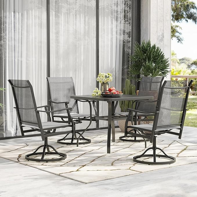 Patio Swivel Chairs Set of 4, Outdoor Dining Chairs with Textilene, Swivel & Rocker Metal Outdoor Patio Dining Chairs All-Weather for Backyard, Grey Fabric with Black Frame
