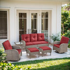 6 Piece Patio Furniture Set - Wicker Patio Conversation Set with Swivel Glider, 3-Seater Sofa, Tempered Glass Side Table and 2 Ottomans for Deck Backyard - Grey Wicker Red Cushion