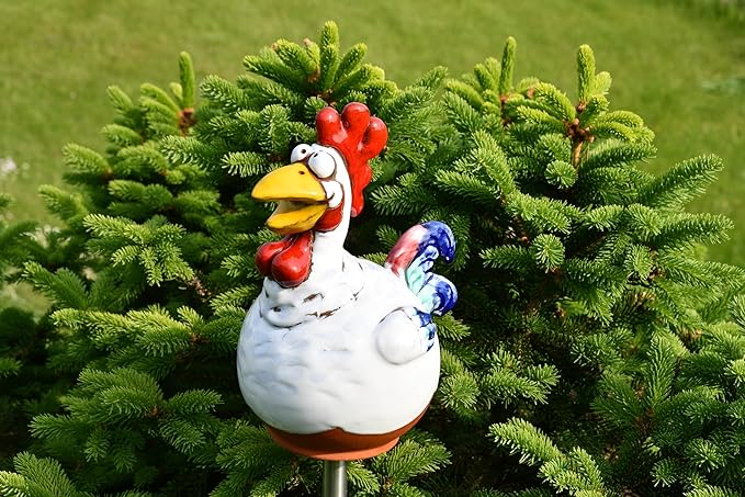 Ceramic Garden Decor - Rooster Lawn stake - Outdoor statue - Perfect, unique gifts for gardeners woman, men, yard gifts - Handmade, Frostproof