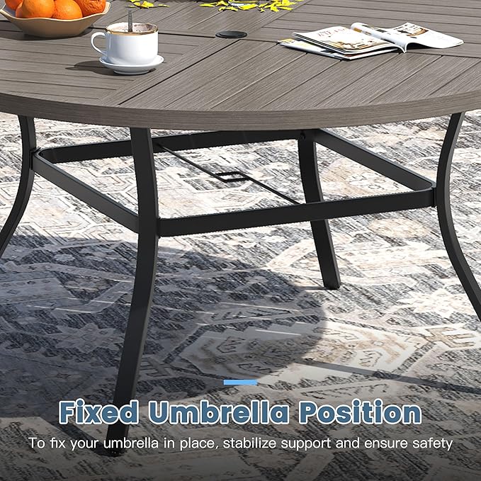 DIFY 50" Round Outdoor Patio Dining Table for 6, All-Weather Metal Steel Slatted Patio Table with 1.57" Adjustable Umbrella Hole, for Lawn Garden Porch Backyard, Grey Wood-Like