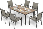 7 Piece Outdoor Dining Set for 6, Rectangular Wood-Like Metal Table with Umbrella Hole and 6 Dining Chairs, Outdoor Table and Chairs for Lawn Garden Backyard and Deck, Brown