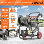 3600 PSI Gas Powered Commercial High Pressure Washer with Hose Reel 212cc 7HP Engine 3.3GPM Electric Start, Includes 50 FT 3/8 inch Hose 5 Quick Connect Nozzles Spray Gun and Wand