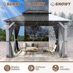 10x12FT Wood Gazebo,Outdoor Wooden Hardtop Gazebo with Galvanized Steel Doule Roof,Cedar Wood Frame Gazebos with Netting &Curtainfor Patio Backyard Deck