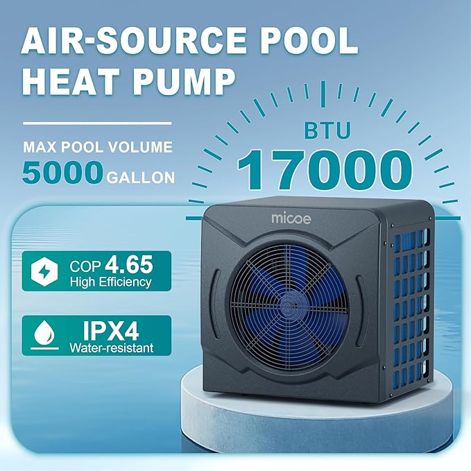 MICOE 17000 BTU Energy Efficient Electric Pool Heater - for Above Ground Pools Up to 15ft (8/11/15ft) & 5,000 Gallons, Ultra Quiet 50dB, 110V/120V with Easy Install Kit