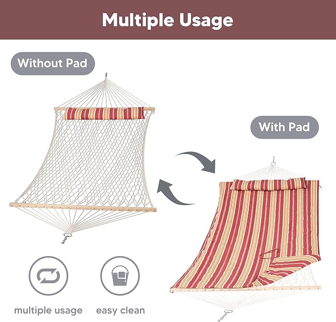 SUNCREAT Two Person Rope Hammock with Pad, Hanging Tree Double Hammock with Large Pillow, Hardwood Spreader Bar, Red Stripe
