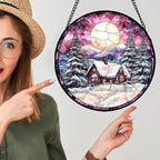 Stained Glass Window Hanging - Winter Snow Scene Cabin Moon Sun Catcher for Door Garden Home Decor Pine Tree Suncatcher Christmas Mother's Day Birthday Gifts for Women Men Mom Nana 6.3 in
