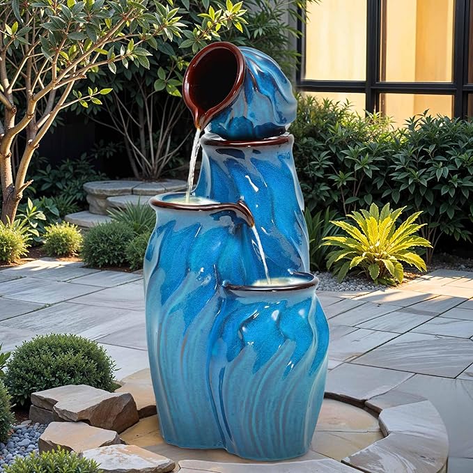 29" Ceramic Outdoor Fountain with Lights, 4-Tier Pots Waterfalls Patio Water Fountain, Tranquil Oasis for Relaxing Garden, Yard, or Porch Decor, Turquoise, Dynamic Wave-Texture