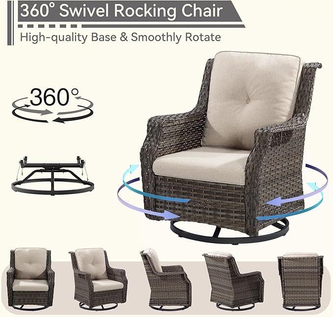 5-Piece Patio Wicker Conversation Set with Fire Pit, Furniture Set Includes 2 Swivel Rocker Chair and 2 Armchair, Cushion Beige