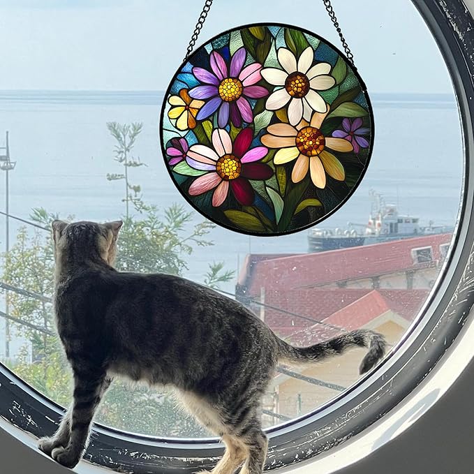 Stained Glass Window Hanging - Colorful Daisies Suncatcher for Door Garden Patio Retro Flower Sun Catchers Decor Christmas Mother's Day Birthday Gifts for Women Mom Nana Aunt Friend 6.3 in