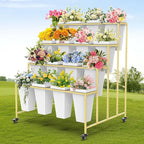 4 Layers Flower Display Stand with Buckets, 16 PCS Buckets Plant Stand with Wheels, Movable Metal Plant Stand for Terrace Garden, Living Room, Florist Shop