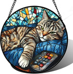 Stained Glass Window Hanging Gray Cat and Remote Control 6.3" - Suncatcher Door Garden Kitchen Sun Catcher Home Decor Birthday for Lost Pets Mom Men Woman Friend Grandma