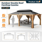 HAPPATIO 12' x 20' Hardtop Gazebo, Outdoor Wood Grain Aluminum with Galvanized Steel, Patio Double Roof Permanent Metal Gazebo Canopy with Netting and Curtains for Backyard, Patio, Deck (Brown)