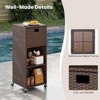 Tangkula Rattan Outdoor Storage Cabinet, Patiojoy Outdoor Wicker Cabinet with 3 Shelves, 1 Removable Drawer, 4 Wheels, Patio Storage Deck Box Cart for Backyard Poolside Porch (Mix Brown)