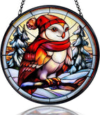 kdqua Christmas Winter Owl Suncatcher Stained Glass Window Hanging, Rustic Winter Owl Bird Sun Catchers Indoor Window Glass Round Wall Decor, Bird Wall Art Hanging Decorations Statues, 7.9x7.9in