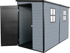 LANTRO JS 4x8FT Plastic Storage Shed with Floor, Outdoor Storage Shed with Floor Included, with 2 Windows and Lockable Door, Backyard Storage Sheds for Garden Tools, Bike, Gray and Black