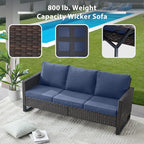 7 Piece Wicker Patio Furniture Set - Outdoor Swivel Rocker Chairs Set with Coffee Table, Side Table, 3 Seat Sofa & Ottomans, Small Patio Conversation Sets for Balcony Deck - Brown/Blue