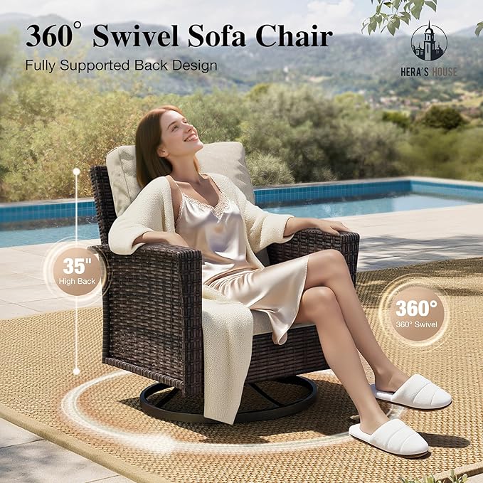 HERA'S HOUSE High Back Patio Furniture Set with Swivel Chairs, Outdoor Wicker Furniture with 5.5" Thick Cushions, Outside Conversation Sofa Sets for Backyard Deck Lawn, Beige
