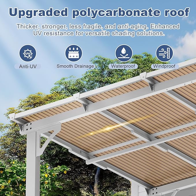 MEISSALIVVE 12' x 14' Wall Mounted Gazebo, Outdoor BBQ Grill Gazebo with Side Shelf, Lean to Metal Awnings with Sloped Roof, Heavy Duty Pergola for Backyard, Deck, White
