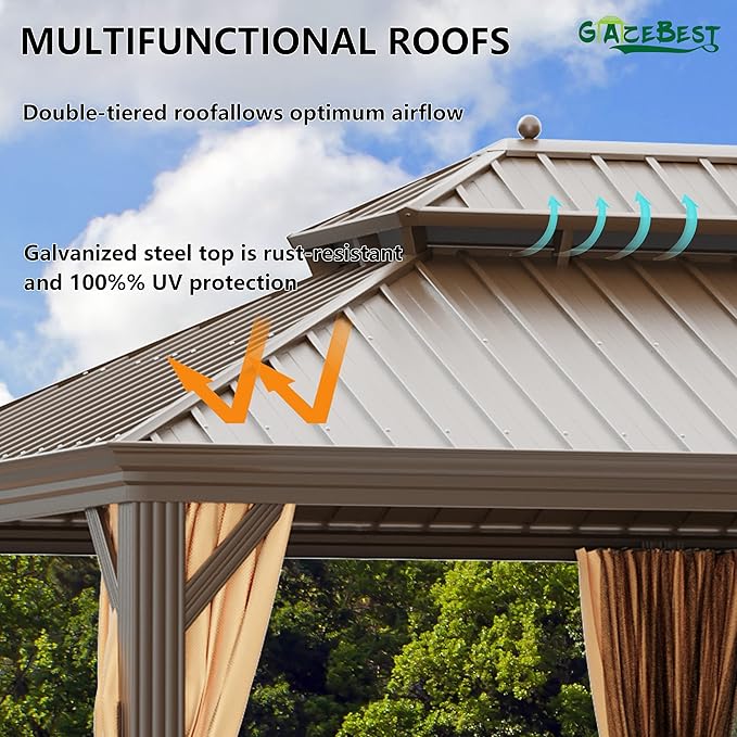12' X 16' Hardtop Gazebo, Outdoor Galvanized Steel Double Roof Permanent Aluminum Frame Pavilion Pergola Canopy with Privacy Curtains for Garden, Patio, Backyard, Deck and Lawns.