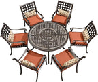 PURPLE LEAF 7 Pieces Outdoor Dining Set Cast Aluminum with 6 Armchairs and 47" Round Table, Cushion and Pillow Included, for Lawn Yard Garden Patio Dining Sets, Brick Red