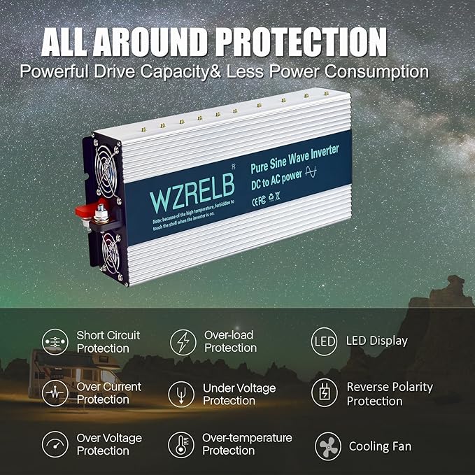 WZRELB 2500W Pure Sine Wave Inverter 48V DC to 110V 120V AC Power Converter with LED Display, Hardwire Terminal,Off-Grid Portable Power Inverter with Dual AC Outlets for Home, RV, Truck, Camping