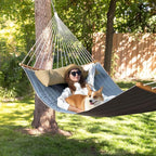 Double Hammock, 11 FT Quilted Fabric 2 Person Hammock for Outside with Pillow, Folding Curved Spreader Bar, Chains, Carrying Bag, Indoor Outdoor, 450 IB Capacity, JeansBlue