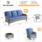 ovios 5 Pieces Patio Furniture Set, Outdoor Wicker Sofa Couch with Swivel Chairs Solar Lights Table, High Back All Weather Modern Conversation Sets, Grey Rattan, Denim Blue