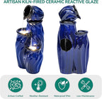 29" Tall Ceramic Water Fountain Outdoor with LED Lights, 4-Tier Cascading Waterfall Garden Fountain, Ideal for Serene Relaxing Patio, Yard or Porch, Cobalt Blue Glaze, Dynamic Wave-Texture