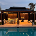 PURPLE LEAF 12' X 20' Outdoor Hardtop Gazebo for Patio Galvanized Steel Double Roof Permanent Canopy Teak Finish Coated Aluminum Frame Pavilion Gazebo with Netting and String Lights