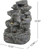 5-Tiered Concrete Tall Slim Fountain, 23.85" H –LED-Lit Column, Space-Saving Modern Outdoor Accent, All-Weather Resistant