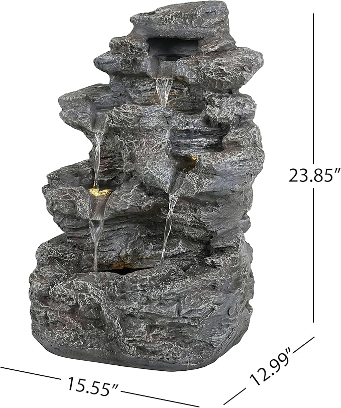 5-Tiered Concrete Tall Slim Fountain, 23.85" H –LED-Lit Column, Space-Saving Modern Outdoor Accent, All-Weather Resistant