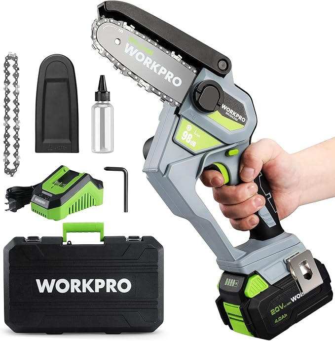 WORKPRO Mini Chainsaw, 6.3“ Brushless Cordless Power Compact Chain Saw with 4.0Ah Battery, 20V One-Hand Operated Portable Wood Saw with Replacement Chain for Garden Tree Branch Pruning, Wood Cutting