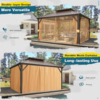 MELLCOM 12'x14' Hardtop Gazebo, Metal Double Roof Aluminum Gazebos with Curtain and Netting,Brown Permanent Galvanized Steel Pavilion for Patio, Lawn & Deck