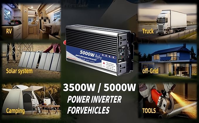 5000W Power Inverter 60V DC to 110V AC Converter with LED Display Dual AC Outlets Dual Fans Radiating for RV, Camp, Boat and Home Emergency Portable Pure Sine Wave Inverter (Smart Screen, 5000W 60V)