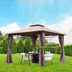 10'x10' Outdoor Patio Canopy Rain-Proof Pop Up Gazebo UV-Resistant Canopy Tent with Double Roof Tops Curtain for Backyard, Patio and Garden, Brown