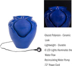 Pure Garden Jar Water Fountain – Indoor or Outdoor Ceramic-Look Glazed Pot Resin Water Feature with Electric Pump and LED Lights (Cobalt Blue)