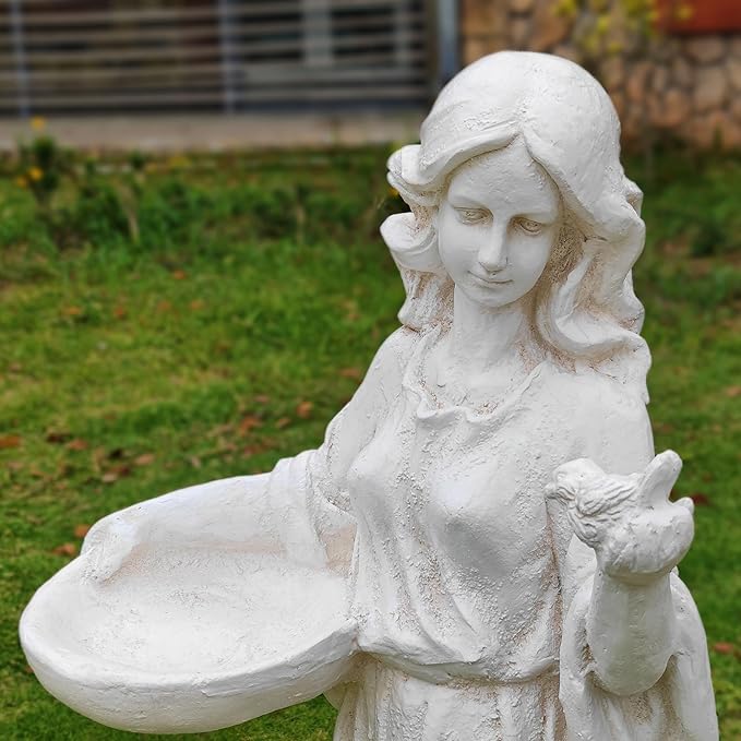 Garden Nymph Girl Maid Statue 40'' Super High Woman Garden Statue with Holding Birdbath Bird Bath Bowl Outdoor Patio Yard Lawn Decor
