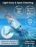 KOKIDO Rechargeable Handheld Hot Tub Spa Pool Vacuum, IPX8, Aluminum Pole and 2 Brush Heads, Ideal for Inflatable, Above Ground & Pools up to 20ft, 60-min Cordless Spot Cleaning Sand and Debris XV110