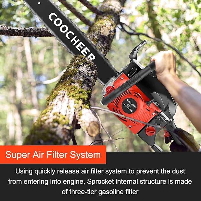 COOCHEER 62CC Gas Chainsaw 20 Inch Gasoline Powered Chain Saws 12000r/min 3.5 HP 2-Cycle Power Chain Saw Cordless Gas Powered Chainsaw with 2 Chains for Tree Branches Wood Cutting