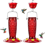 Kingsyard 2 Pack Glass Hummingbird Feeders for Outdoors Hanging, Wild Bird Nectar Feeder with 6 Feeding Ports, 24 oz Leak-Proof, Red (Ant Moat Included)