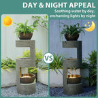 37.8" Outdoor Fountain with Waterfall & LED Lights, Freestanding Garden Water Fountain for Patio/Backyard, Resin Tiered Fountain with Pump