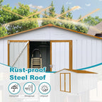 Sheds & Outdoor Storage 12 ft × 10 ft Storage Shed Large Classic Apex Roof Metal Garden Storage Sheds with Hinged Door Tool Cabinet for Backyard, Patio, Poolside, White + Yellow